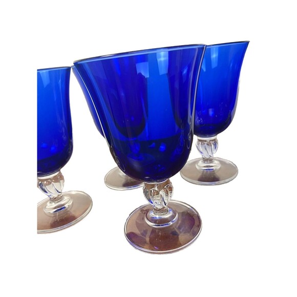 Cobalt Blue Glasses Set 6 Wine Water Goblets Flared Clear Stem Heavy Regency 6x4 - Picture 2 of 5
